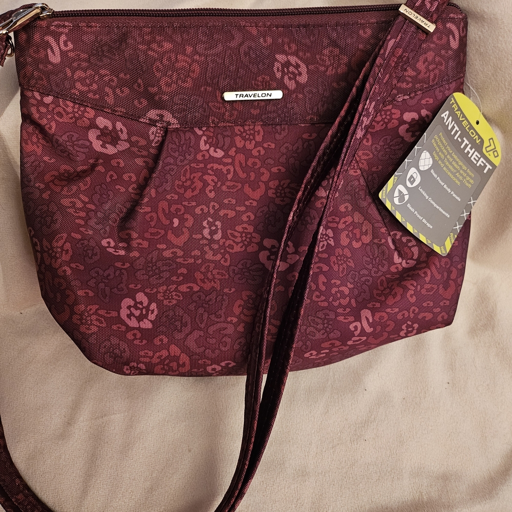 NWT Travelon Maroon Floral Crossbody Bag